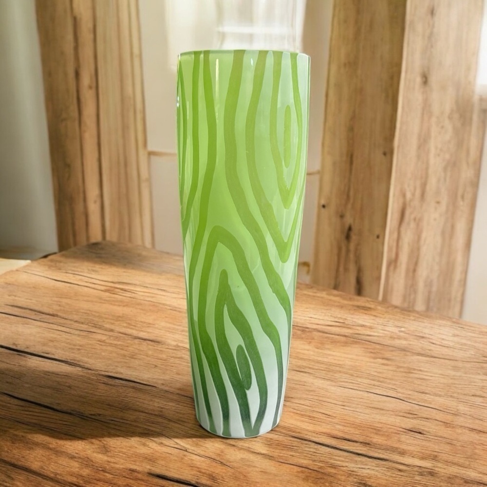 Vintage Green and White Zebra Striped Art Glass Vase